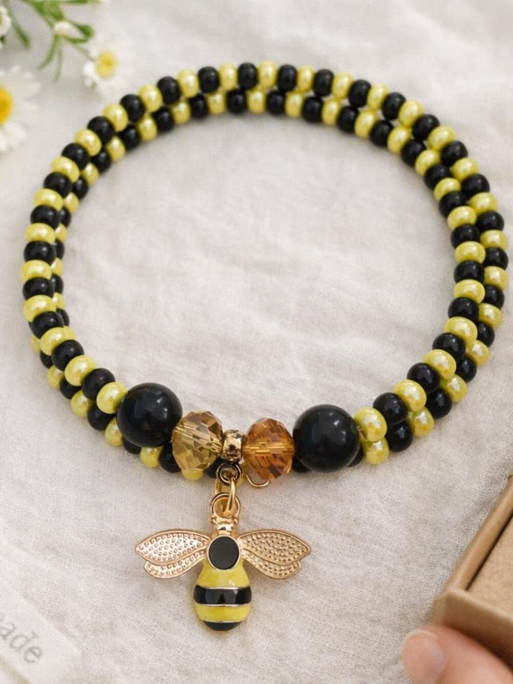 Double‑Wrap Memory Wire Bracelet • Yellow & Black Beads • Bee Charm